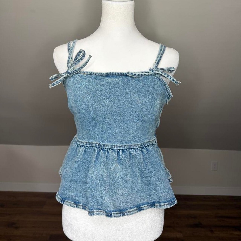 Y2K Denim Peplum Cami Top Tie Strap Babydoll Jean Corset Tank